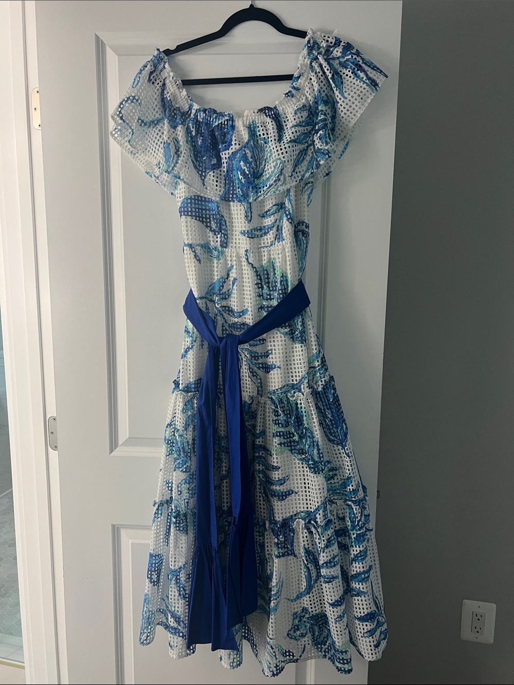 Lilly Pulitzer White & Blue Floral Off-Shoulder Maxi Dress with Sash